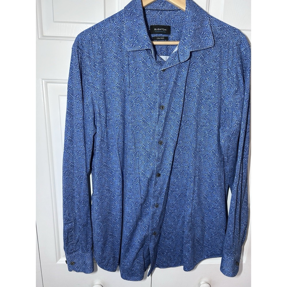 Bugatchi Ooohcotton Tech 8 Way Stretch Large No Iron Designer Mens 300$ Blue